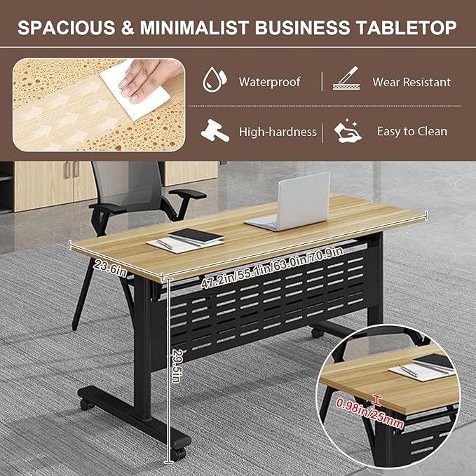 Folding Conference Room Table, Modern Conference Tables with Wheels, Large Rectangular Mobile Training Tables for Office Classroom, Foldable Modular Boardroom Seminar Table Maple (8pack L55.1in)