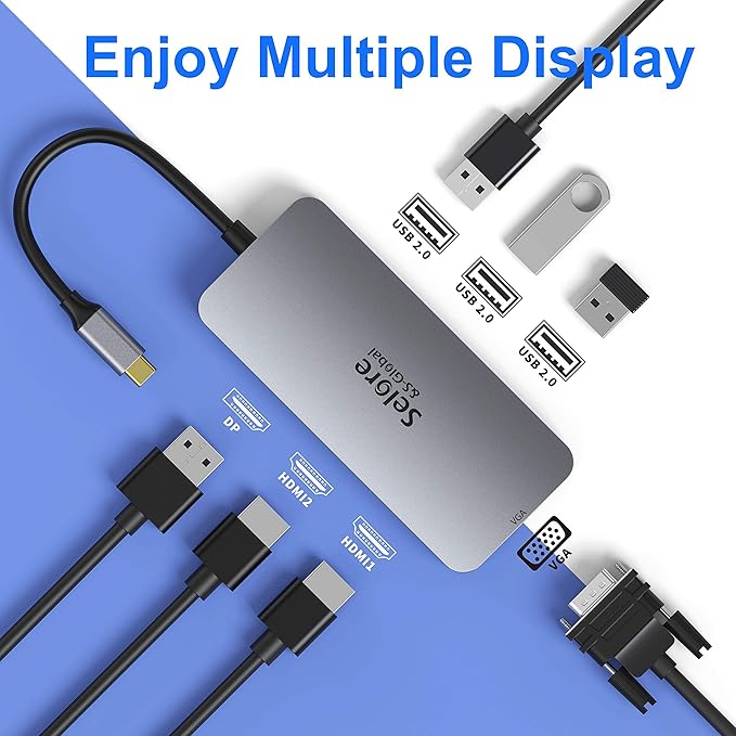 USB C to Dual HDMI Adapter,7 in 1 USB C Docking Station to Dual HDMI Displayport VGA,USB to 3USB 2.0, Multi Monitor Adapter for Dell XPS 13 15,Lenovo Yoga,Huawei Matebook X pro,etc