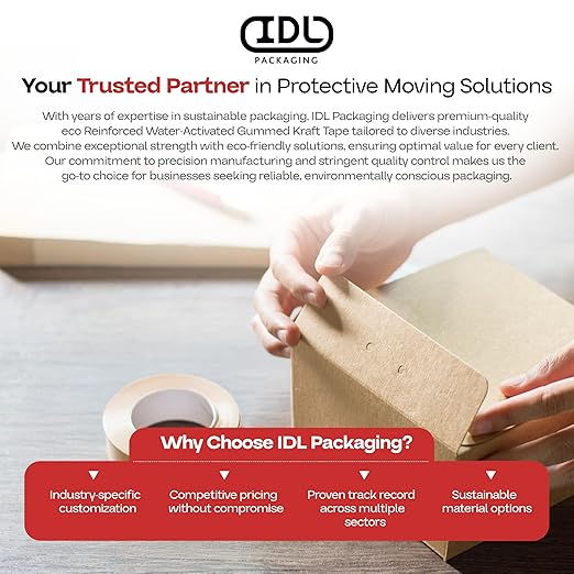 IDL Packaging 2.83" x 450 feet Reinforced Water-Activated Kraft Gummed Tape 30lb Thickness (Pack of 8) - Secure Paper Packing Tape for Secure Carton Sealing - Heavy-Duty for All Conditions, Brown
