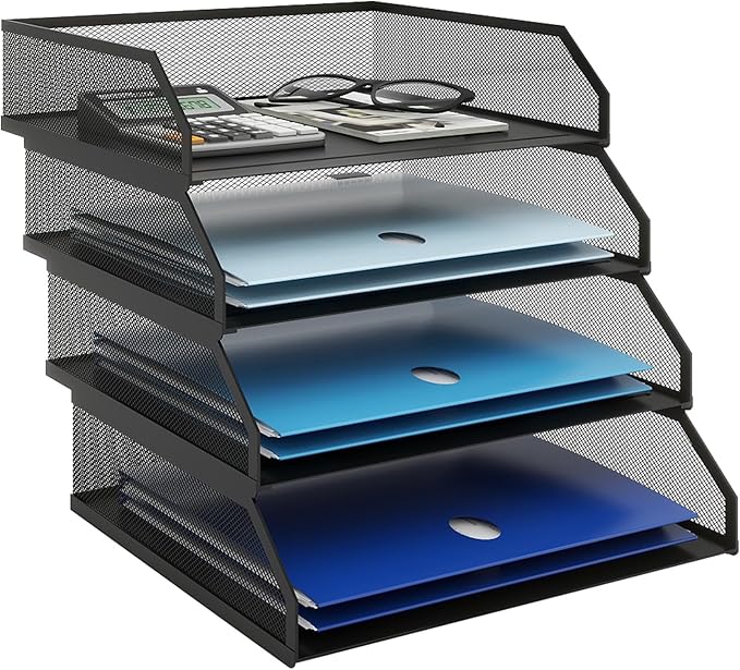 Natwind 4-Tier Stackable Paper Tray, Metal Mesh Desktop Organizer, A4 Desk Organizer, Stackable Letter Trays,File Folder Sorter Organizer with Sliding Tray for Home, Office, School (Black)