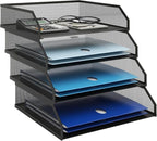 Natwind 4-Tier Stackable Paper Tray, Metal Mesh Desktop Organizer, A4 Desk Organizer, Stackable Letter Trays,File Folder Sorter Organizer with Sliding Tray for Home, Office, School (Black)
