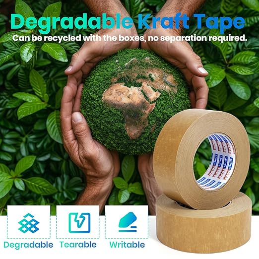 ADHES Premium Kraft Paper Tape, 7.5mil, 2 Inch x 55 Yards x 6 Rolls, Biodegradable Paper Packing Tape Writable & Uncoated Heavy Duty Brown Packing Tape for Shipping, Moving, Sealing