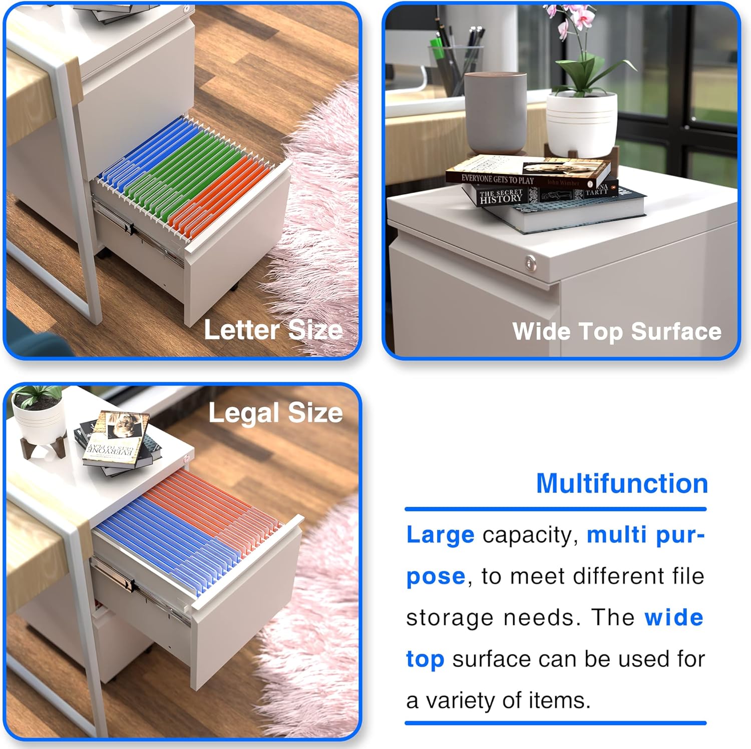METAN Mobile Metal 2 Drawer File Cabinet with Lock, Rolling Cabinet for Both Legal and Letter Size Hanging Folders, Perfect File Storage for Home Office, Pre-Assembled Except 5 Casters,White