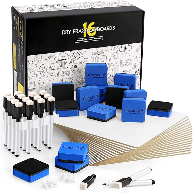 Magicfly Double-Sided Small White Board for Classroom, 9 x 12 Inches Dry Erase Lap Boards, Bulk Pack of 16 Mini White Board for Student, Teachers, Office, with 16 Pens, 16 Erasers & 16 Pen Clips