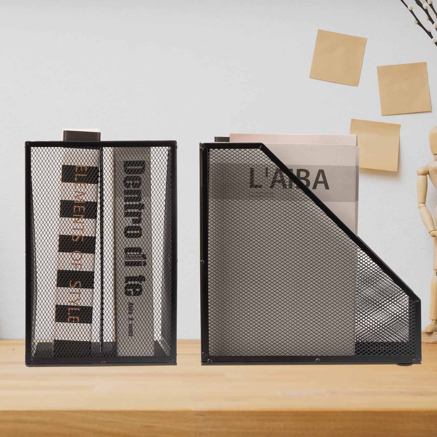 2 Set Magazine Holder Metal Wire, 2 Compartments Mesh File Holder for Desk, Office Desk Accessories Decorative File Box, Black