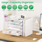 Desk Organizers and Accessories, 5-Tier Paper File Organizer with Drawer & Pen Holder, Office Desk Accessories Workspace Desktop Organizer for Office Supplies (White)