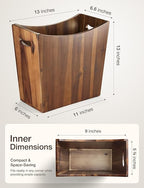 3 Gallons Rectangular Wastebaskets - Acacia Wood Waste Basket with Handles - Small Trash Can for Bathroom - Brown Garbage Bin for Spa Bathroom Decorative, Kitchen Counter, Living Room (Walnut)
