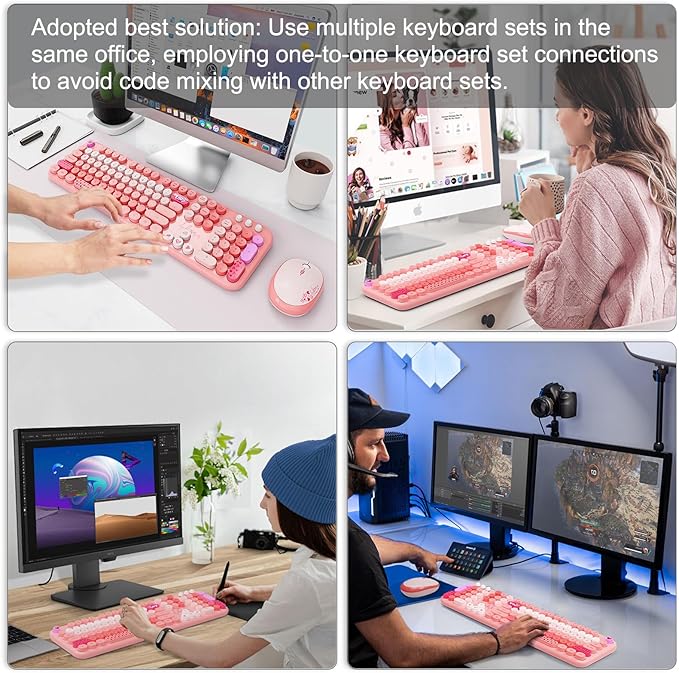 FOPETT Wireless Keyboard and Mouse Combo - 2.4G Full-Sized Cute Colorful Retro Keyboard with Round Keycaps 104 Keys Typewriter Keyboard for Laptop/Windows/PC-Pink Colorful