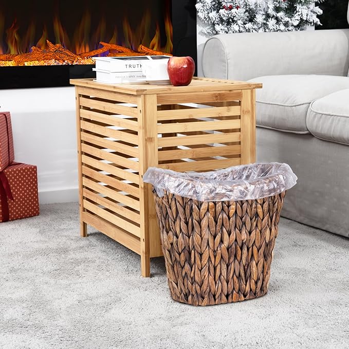 FairyHaus Wicker Waste Basket with Handle, Hand-Woven Water Hyacinth Trash Can for Bathroom Bedroom, Brown Wicker Storage 13 x 7.5 x12.2