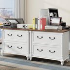 Lateral File Cabinet 2 Drawers Farmhouse File Cabinet Set of 2 for Letter/A4/Legal Size Hanging Files, Large Rustic White Storage Cabinets Printer Stand with 4 Solid Wood Feet &Column Decor for Office