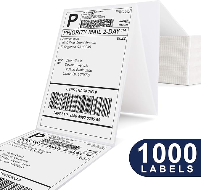 POLONO Genuine 4" x 6" Direct Thermal Shipping Label, Thermal Label (Pack of 1000), Perforated Fanfold Labels Compatible with POLONO PL80E, PL70E, PL60 Label Printer, BPA & BPS Free, Commercial Grade