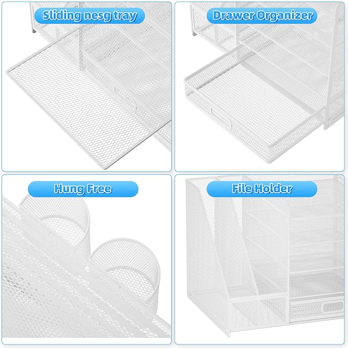 Lavatino Desk Organizer with File Holder, 5-Tier Paper Letter Tray Organizer with Sliding Drawer and 2 Pen Holder, Mesh Desktop File Organizer for Office Supplies, White