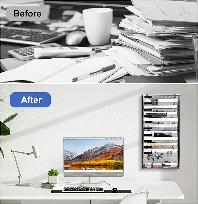 EasyPAG 11 Tier Wall File Holder with Flat Tray, Black | Easy Assemble Mesh Desk File Organizer | 10-Folder Paper Storage | Replaceable Classify Labels | Space Saving Mail Organizer for Office Home