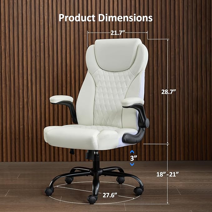 Office Chair, Executive Leather Chair Home Office Desk Chairs, Ergonomic Computer Desk Chair with Adjustable Flip-Up Arms, Lumbar Support Swivel Task Chair with Rocking Function (White)