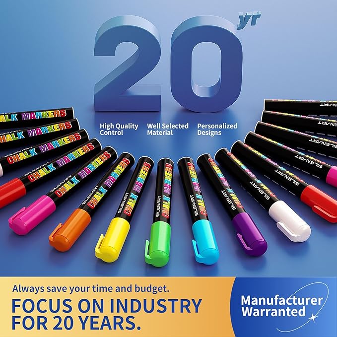 SILENART Chalk Markers for Blackboard - 24 Pack - 8 Neon & 8 Metallic & 8 Vintage Chalkboard Marker - Erasable Pen for Windows, Glass, Whiteboard and Dry Erase Board