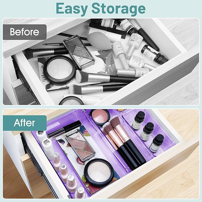 WOWBOX 25 PCS Plastic Drawer Organizer Set, Desk Drawer Divider Organizers and Storage Bins for Makeup, Jewelry, Gadgets for Kitchen, Bedroom, Bathroom, Office, Clear Purple