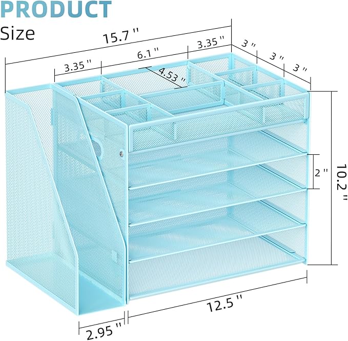 Marbrasse 5-Tier Desk Organizer with File Holder,Paper Letter Tray Organizer,Desktop File Organizer with Adjustable Compartments,Mesh Desk Organizers and Accessories for Office Supplies,Blue