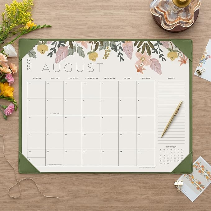 Desk Calendar 2025-2026 with Desktop Mat, Cabbrix Large Desk Pad Calendar 22 x 17 Inch Runs From July 2025 to December 2026, Floral Design Calendar 2025 for Home School and Office (Green)
