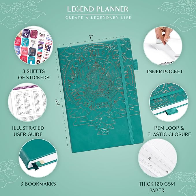Legend Planner PRO – Deluxe Weekly & Monthly Life Planner to Increase Productivity and Hit Your Goals. Time Management Organizer Notebook – Undated – 7 x 10" Hardcover + Stickers – Viridian Green