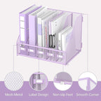 SUPEASY Desk Organizers Metal Desk Magazine File Holder with 5 Vertical Compartments Rack File Organizer for Office Desktop, Home Workspace, Purple Plus