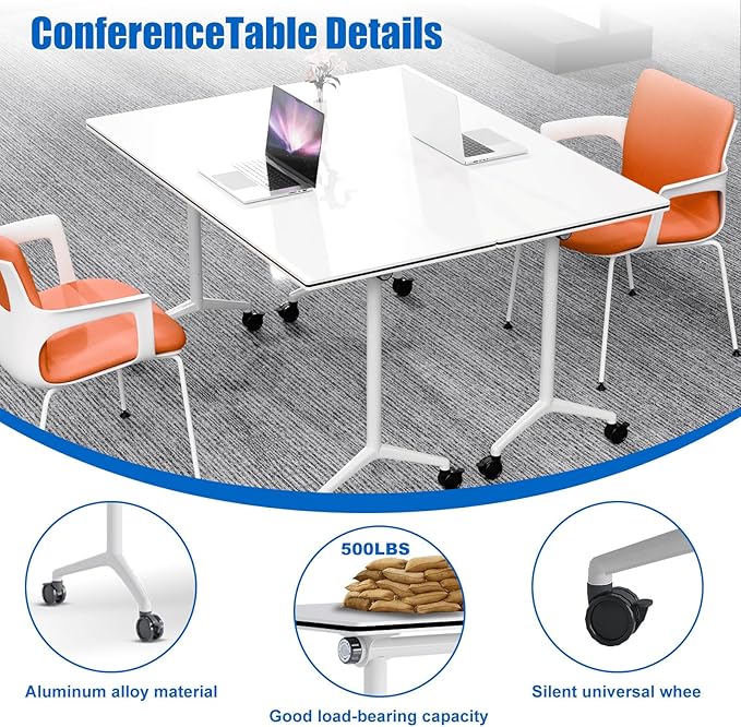 Conference Table, Folding Conference Desk Modern White, Seminar Table with Wheels, 2-10 People for Office, Meeting Break Room (2, 1915, 55IN)