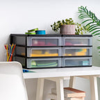 IRIS USA Plastic Stacking Desk Top 3-Drawer Storage Organizer, 2-Pack, for Makeup Vanity Nail Polish Bathroom Stationery Art Craft Supplies Kitchen Office Garage and Small Organization, Medium, Black