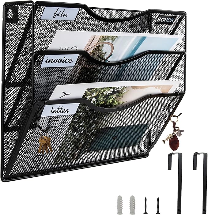 Wall File Organizer, 3 Tire Hanging File Folder Mail Organizer, Vertical Mesh Metal Door/Wall Mount Hanging File Holder, Paper Document Magazine Rack with Hooks for Home Office Black