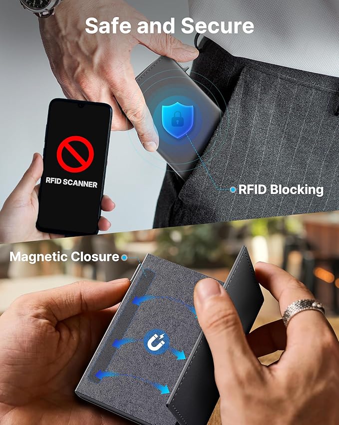 typecase Mens Wallet Card Holder: Pop Up Aluminum Case, Premium Genuine Leather, Smart, RFID Blocking, Slim, Minimalist, Front Pocket - 9-14 Card Capacity | ID Window | Cash Slot - Deep Grey