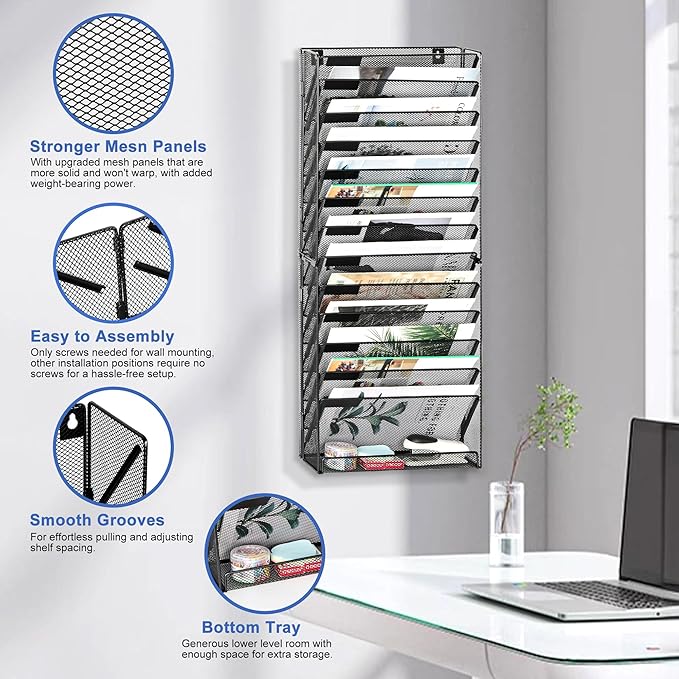 EasyPAG 14 Tier Wall File Holder with Flat Tray, Black | Easy Assemble Mesh Desk File Organizer | 13-Folder Paper Storage | Replaceable Classify Labels | Space Saving Mail Organizer for Office Home