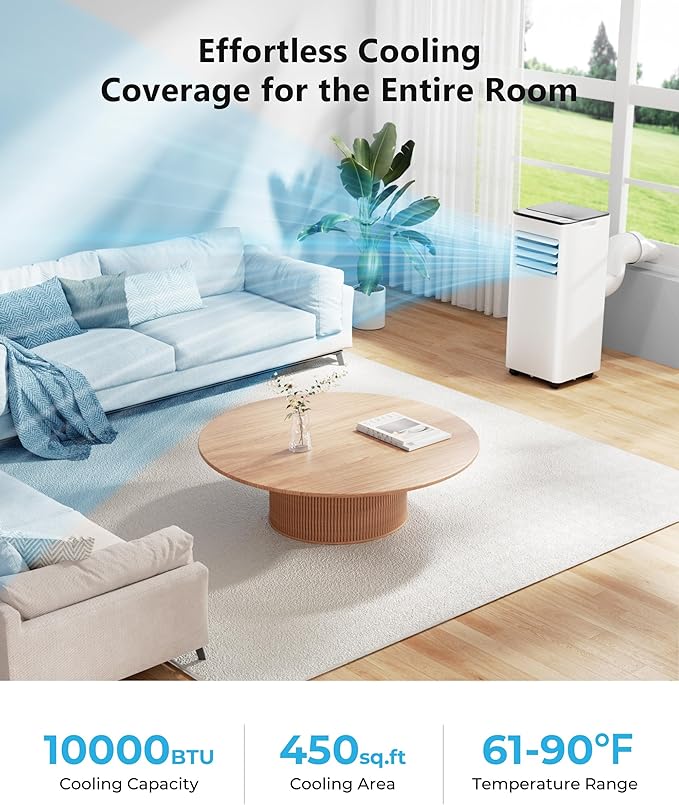 EUHOMY 10,000 BTU Portable Air Conditioners Unit Up to 450 Sq.Ft, 3-in-1 Portable Air Conditioner, Portable AC Unit with Cool, Fan, Dehumidifier, Sleep Mode, 24H Timer, RVs, Office, Apartments, White