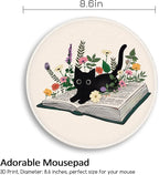Book Black Cat Floral Flowers Mouse Pad, Small Round Mousepads for Desk, Mini Travel Mouse Mat for Wireless Computer Laptop, Work Office Desk Accessories, 8.6 x 8.6 inch