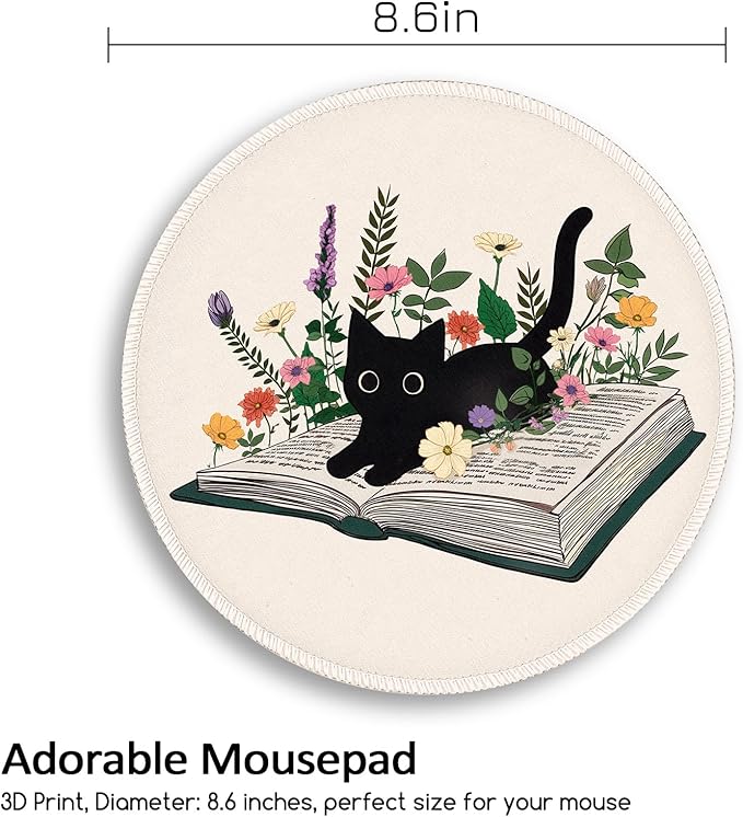 Book Black Cat Floral Flowers Mouse Pad, Small Round Mousepads for Desk, Mini Travel Mouse Mat for Wireless Computer Laptop, Work Office Desk Accessories, 8.6 x 8.6 inch