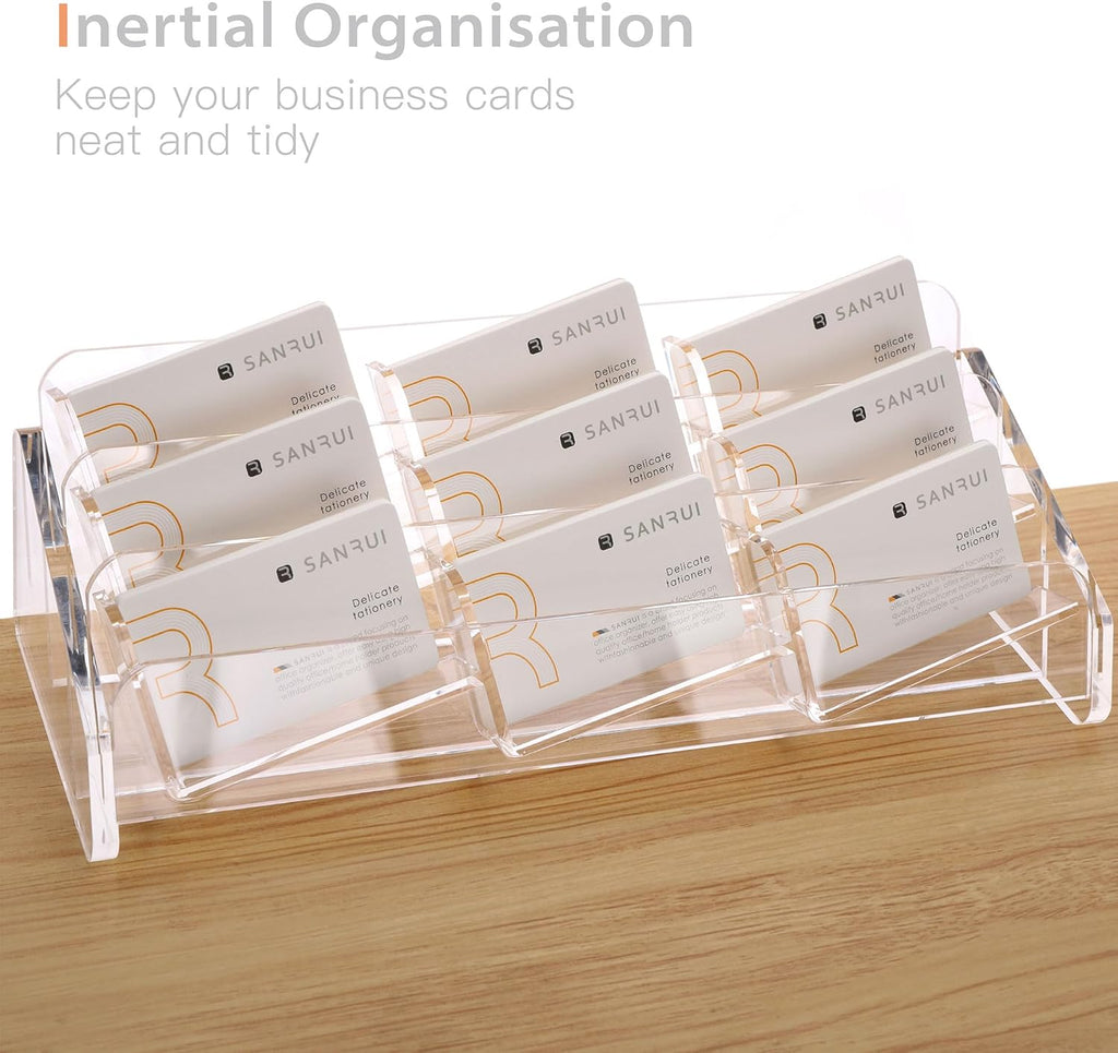 SANRUI Acrylic Business Card Holder for Desk, 3 Tier Clear Tilt Business Name Card Display Holders Stand Storage Organizer Fits 540 Business Cards (Horizontal, 9-Slot)