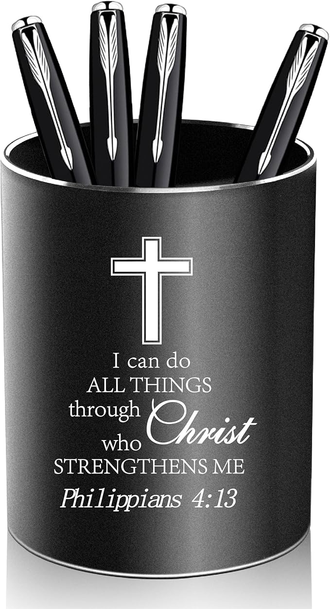 Christian Gifts,Metal Pen Holder Aluminum Pencil Holder for desk,Round Desktop Organizer and Black Pencil Cup for Office, School, Home and Stationary Supplies (Philippians 4:13)