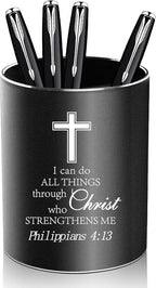 Christian Gifts,Metal Pen Holder Aluminum Pencil Holder for desk,Round Desktop Organizer and Black Pencil Cup for Office, School, Home and Stationary Supplies (Philippians 4:13)