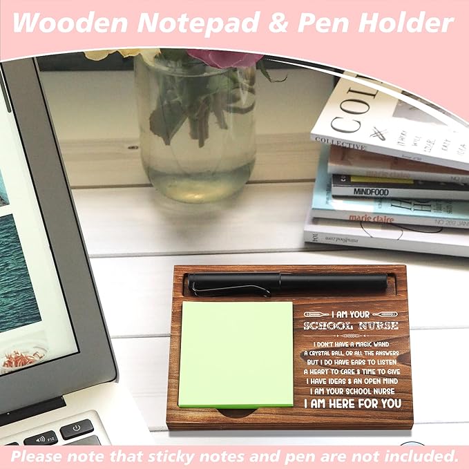 School Nurse Sticky Note Holder Wooden Notepad & Pen Holder 6.5" x 4.7" Sticky Note Pad Holder Dispenser for Desk School Nurse Work Gifts, NPA188