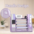 SUPEASY Mesh Desk Organizer with File Holder, 5-Tier Paper Letter Tray Organizer with Magazine Holder, Desktop Organizer and Storage with Drawer for Office Supplies Home or School, Purple