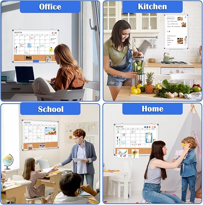 Monthly Calendar Whiteboard Dry Erase Cork Board Combo for Wall, 24" x 18" Double-Sided Calendar White Board and Bulletin Board, Portable Board for Office, Kitchen, School, Home
