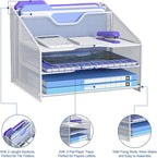 samstar White Desk File Organizer, Mesh Letter File Folder Holder with 3 Paper Trays and 2 Vertical Upright Section, for Office Supplies, Desk Accessories & Workspace, White