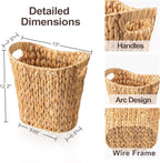 FairyHaus Wicker Trash Can with Handles, Natural Water Hyacinth Wicker Waste Basket, Handwoven Wicker Trash Basket for Bathroom Bedrooms, 13" L x 7.5" W x 12.2" H