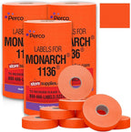 Perco Fluorescent Red Pricing Labels for Monarch 1136 Price Gun – 3 Sleeves, 24 Rolls Value Pack - 42,000 Price Marking Labels – with Ink Rolls Included