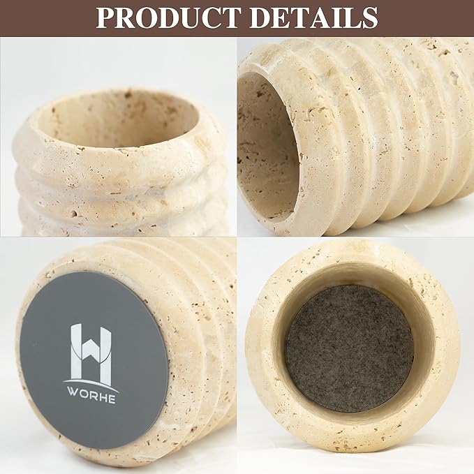 WORHE Pen Holder Stand for Desk, Natural Travertine Stone Makeup Brush Holders, Modern and Functional Pencil Cup for Office Supplies Tableware Organizer for Home Decor School Beige (PH90110)