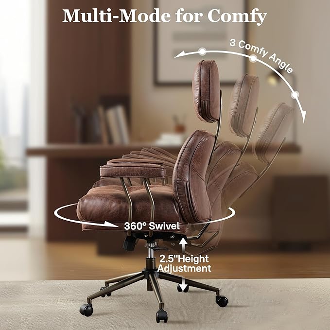 Mid Century Modren Large Office Chair, Big and Tall Ergonomic Executive Chair for Heavy Duty People, Computer Desk Task Chair with Wheels, Faux Lether Fabric Wide Chair for Home Sturdy,Dark Brown