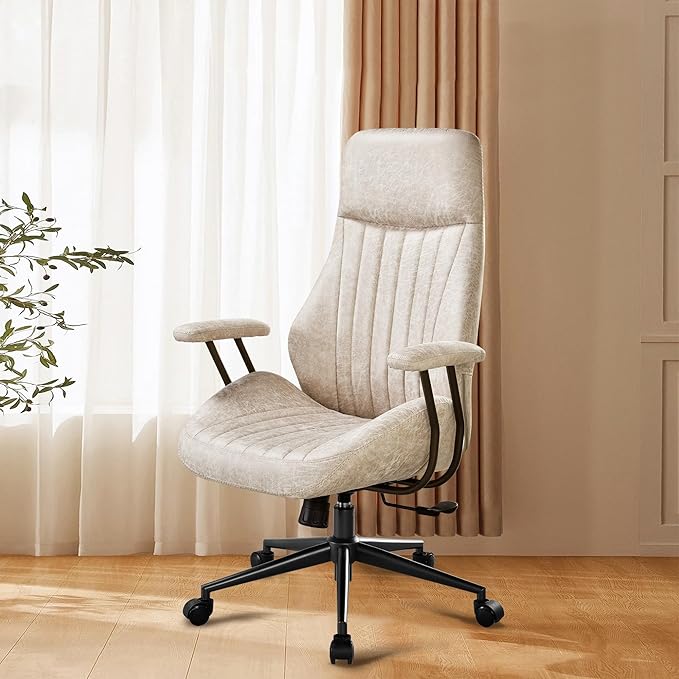 Mid Century Modren Office Chair - High Back Swivel Executive Chair with Lumbar Support,Ergonomic Computer Desk Chair with Wheels,Faux Lether Suede Task Chair,350lbs (Beige, High Back)