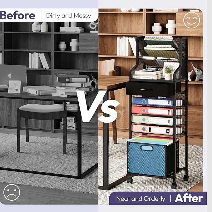 SWTYMIKI 10-Tier Rolling File Cart - Mesh Paper Organizer with Drawer and Hanging File Folders on Lockable Wheels, Wood Teacher Cart for Office Organization, Storage in Home, Studio, School (Black)