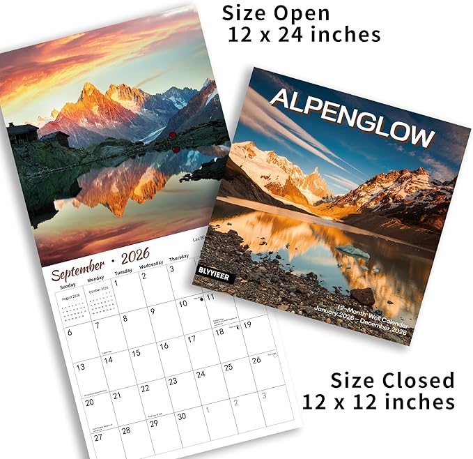 2026 Wall Calendar, Alpenglow Monthly Wall Calendar, 12" x 24" Open,Family Planner Calendar Organizer with Mountain of Sunrise Images
