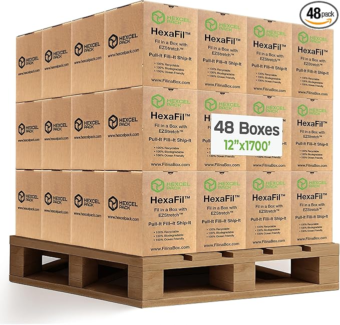 HexaFil Honeycomb Packing Paper - Eco-Friendly, Sustainable Filler for Shipping and Moving, Cushioned Packing Material in Easy Self-Dispenser Box - White, Pallet of 48, 12" x 1700'