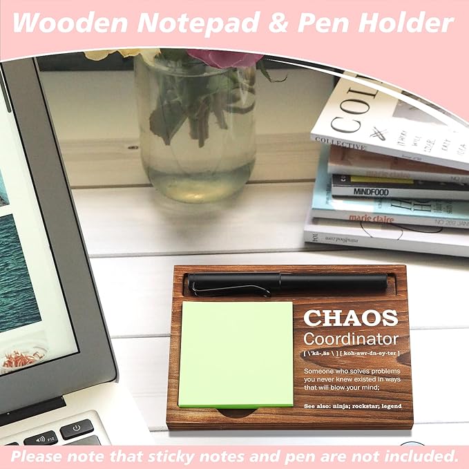 Chaos Coordinator Sticky Note Holder Wooden Notepad & Pen Holder 6.5" x 4.7" Sticky Note Pad Holder Dispenser for Desk Chaos Coordinator Definition Work Gifts, NPA184