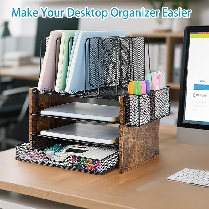 Wood Desk Organizers and Accessories, 4-Tier Workspace Desktop Paper Organizer with Drawer, 5 Vertical File Holders and Pen Holder for Office Supplies