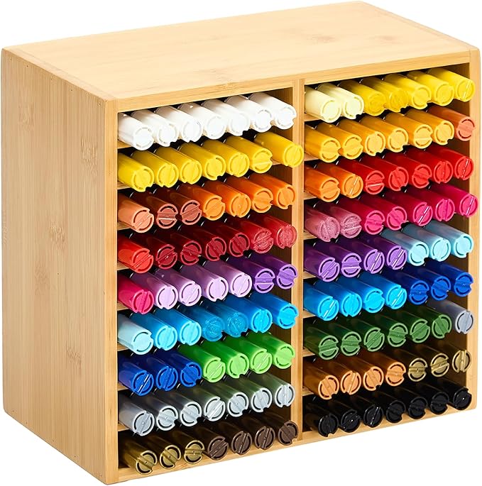 MEEDEN Bamboo Marker Holder Organizer: Holds 126 Pens with 18 Compartments- Art Supply Storage & Holder for Alcohol Markers，Pens，Pencils